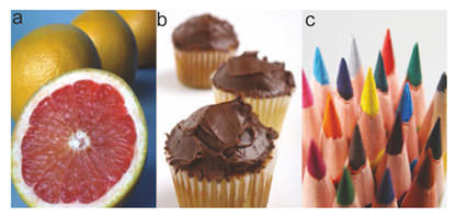 Fig. 1. Sample photographs. Example of pictures showing low-calorie a ‘non-fattening’ and b high-calorie ‘fattening’ food as well as c non-food items.