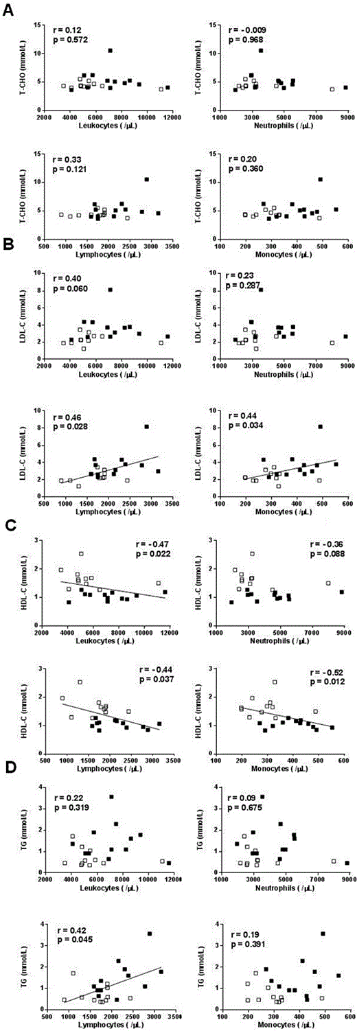 Fig. 3. Correlation of peripheral total leukocyte, neutrophil, lymphocyte and monocyte counts with A total cholesterol (T-CHO), B low-density lipoprotein cholesterol (LDL-C), C high-density lipoprotein cholesterol (HDL-C), and D triglycerides (TG). Open squares represent control subjects. Closed squares represent obese subjects.