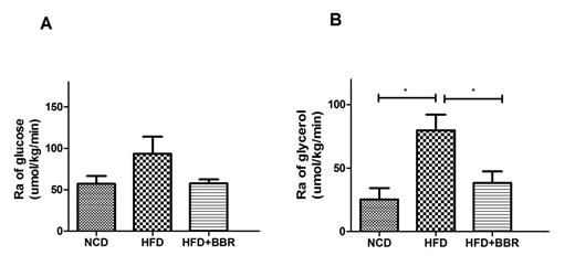 Fig. 2. Berberine reduces the Ra of glucose and glycerol of HFD-fed rats. A Ra of glucose; B Ra of glycerol. Values are expressed as mean ± SEM. Difference were assessed by ANOVA and denoted as follows: *p < 0.05.