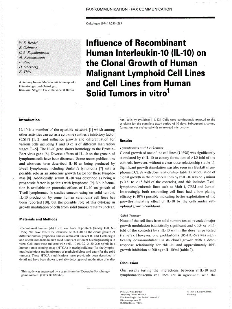 First page of Influence of Recombinant Human lnterleukin-10 (IL-10) on the Clonal Growth of Human Malignant Lymphoid Cell Lines and Cell Lines from Human Solid Tumors in vitro