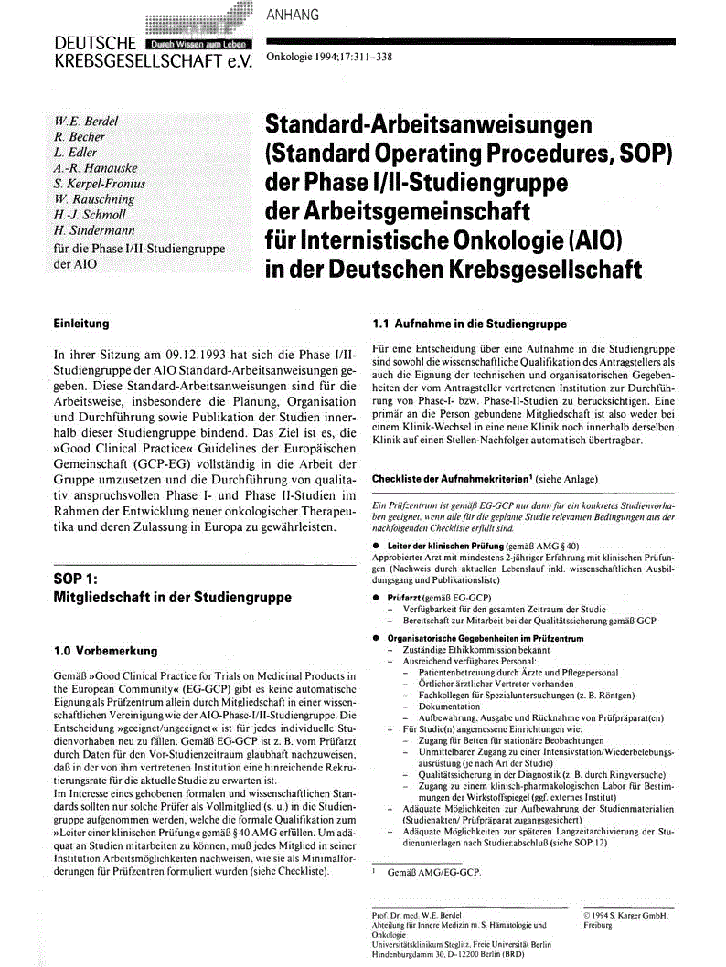 First page of Standard-Arbeitsanweisungen (Standard Operating Procedures, SOP) der Phase l/ll-Studiengruppe der Arbeitsgemeinschaft für Internistische Onkologie (AIO) in der Deutschen Krebsgesellschaft