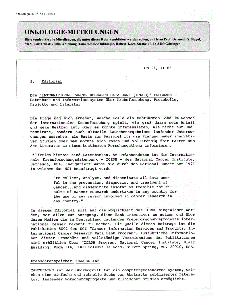 First page of Onkologie-Mitteilungen
