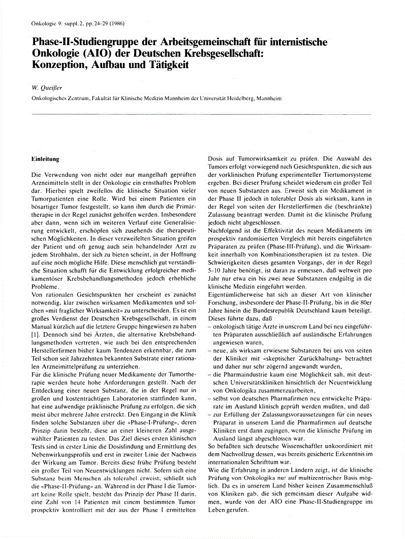 First page of Phase-II-Studiengruppe der Arbeitsgemeinschaft für internistische Onkologie (AIO) der Deutschen Krebsgesellschaft: Konzeption, Aufbau und Tätigkeit