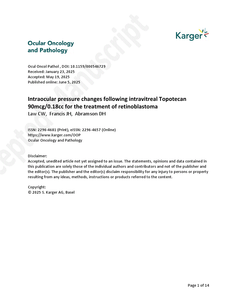First page of Intraocular pressure changes following intravitreal Topotecan 90mcg/0.18cc for the treatment of retinoblastoma