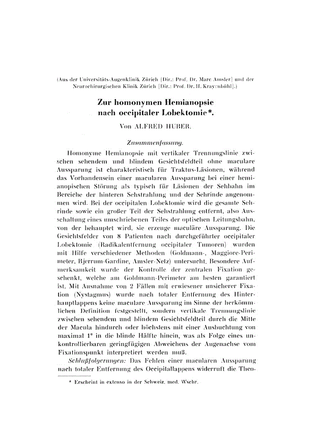 First page of Zur homonymen Hemianopsie nach occipitaler Lobektomie