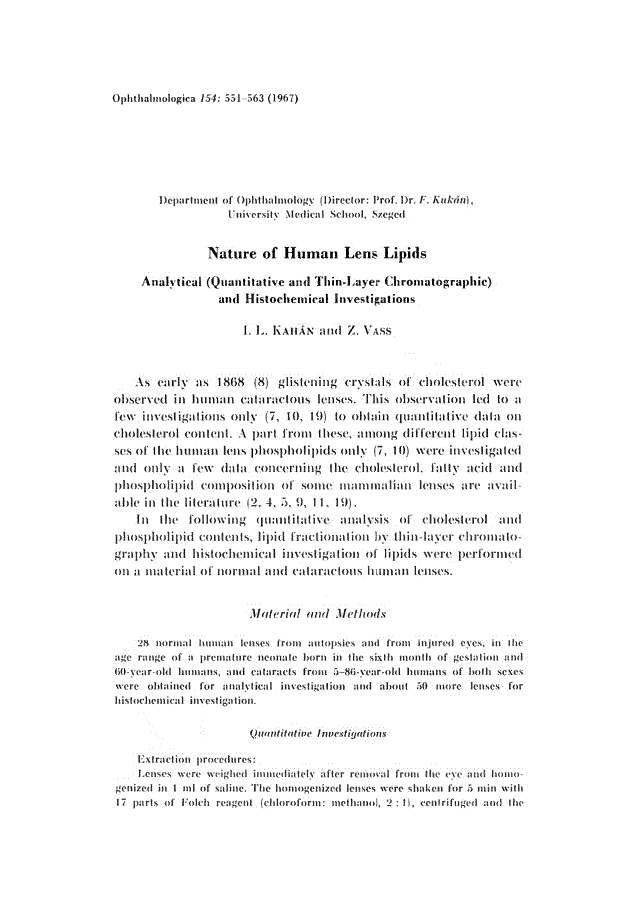 First page of Nature of Human Lens Lipids<subtitle>Analytical (Quantitative and Thin-Layer Chromatographic) and Histochemical Investigations</subtitle>