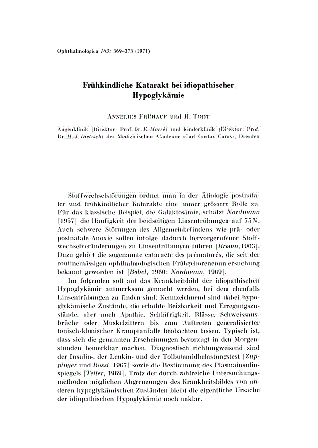 First page of Frühkindliche Katarakt bei idiopathischer Hypoglykämie