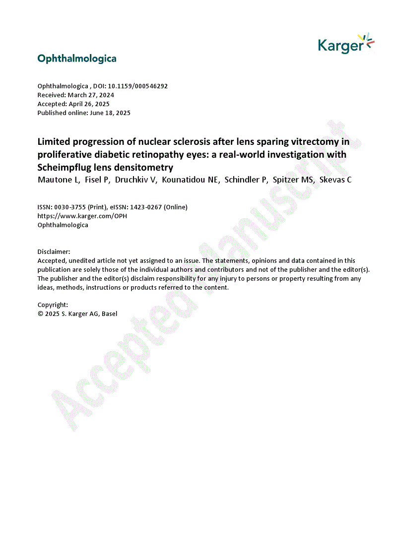 First page of Limited progression of nuclear sclerosis after lens sparing vitrectomy in proliferative diabetic retinopathy eyes: a real-world investigation with Scheimpflug lens densitometry