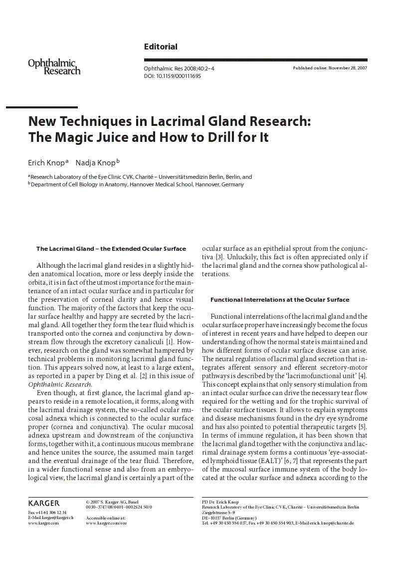 First page of New Techniques in Lacrimal Gland Research: The Magic Juice and How to Drill for It