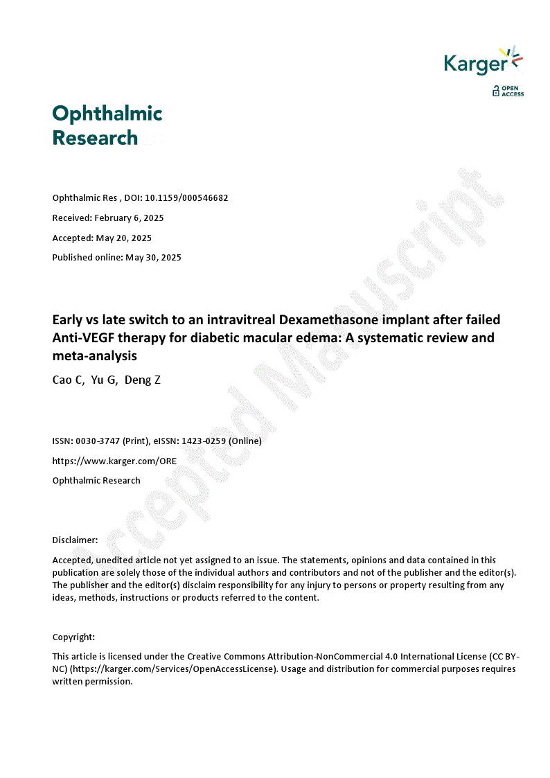 First page of Early vs late switch to an intravitreal Dexamethasone implant after failed Anti-VEGF therapy for diabetic macular edema: A systematic review and meta-analysis 