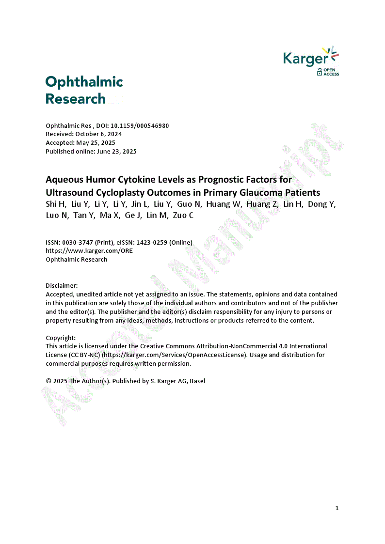 First page of Aqueous Humor Cytokine Levels as Prognostic Factors for Ultrasound Cycloplasty Outcomes in Primary Glaucoma Patients