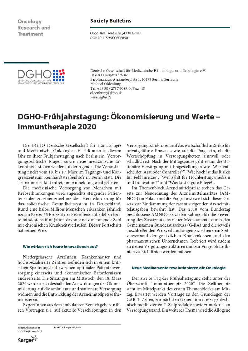 First page of Society Bulletins<subtitle>DGHO-Frühjahrstagung: Ökonomisierung und Werte – Immuntherapie 2020</subtitle>