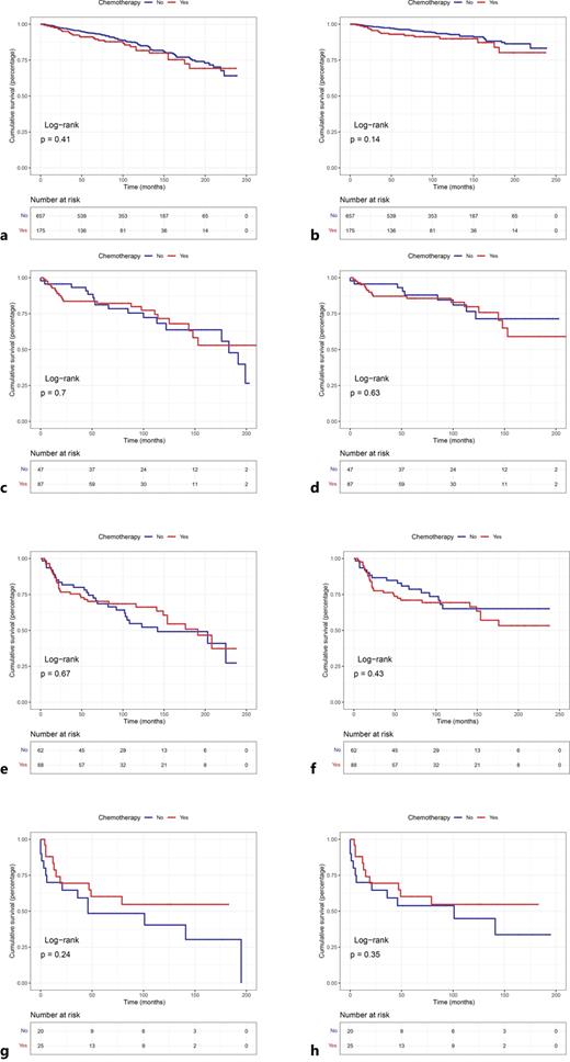 Kaplan-Meier survival curve for with or without chemotherapy who had undergone surgery in patients with SCSTs. a, b FIGO stage I. c, d FIGO stage II. e, f FIGO stage III. g, h FIGO stage IV. SCSTs, sex cord-stromal tumor; FIGO, International Federation of Gynecology and Obstetrics.