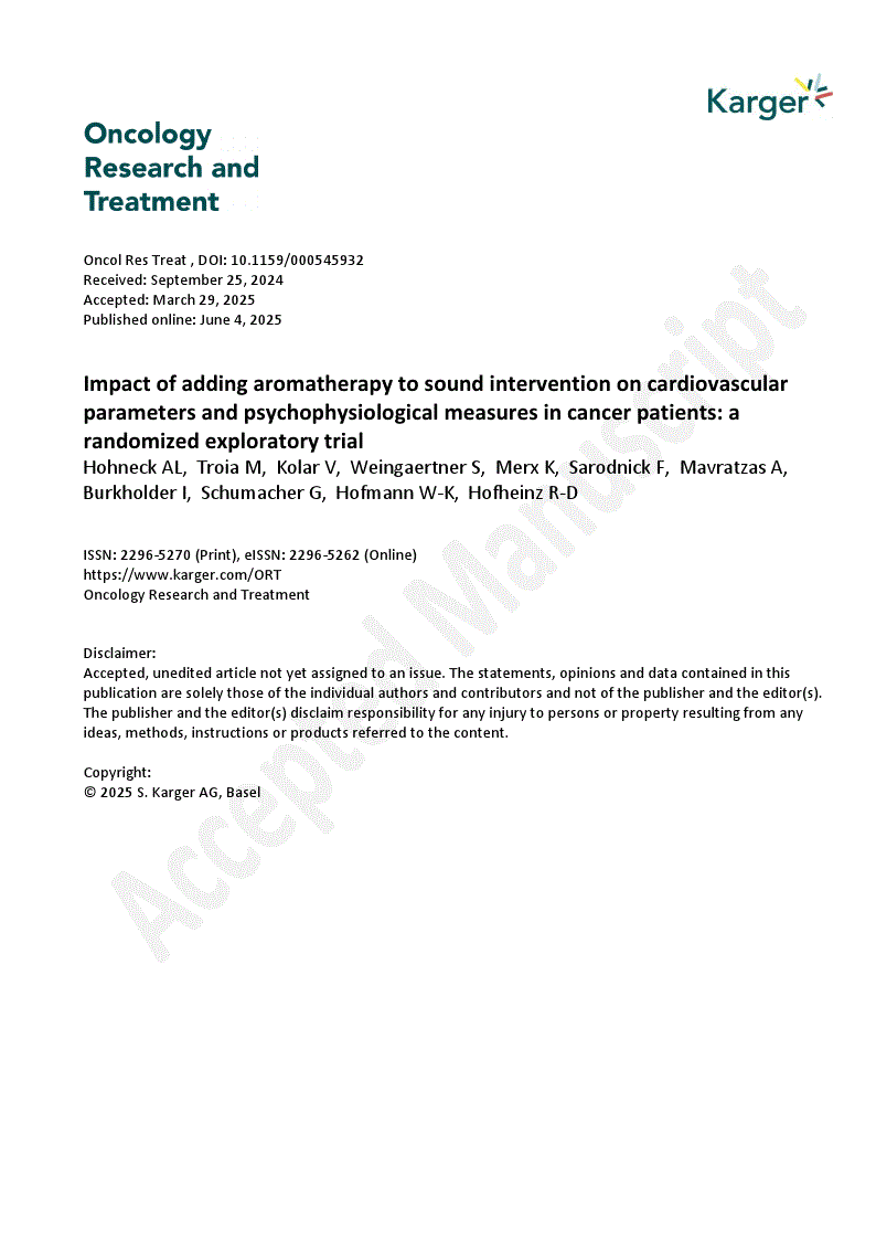 First page of Impact of adding aromatherapy to sound intervention on cardiovascular parameters and psychophysiological measures in cancer patients: a randomized exploratory trial