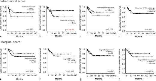 a–h Comparison of LFS in FNCLCC Grade 2/3 cases with high and low CAF scores and high and low CD163-positive macrophage counts in intratumoral and marginal areas (plots were constructed using the Kaplan-Meier method). LFS, local recurrence-free survival; FNCLCC, Fédération Nationale des Centres de Lutte Contre le Cancer.
