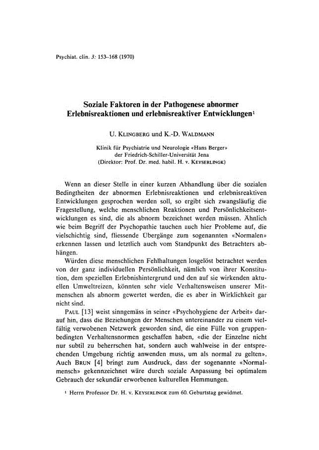 First page of Soziale Faktoren in der Pathogenese abnormer Erlebnisreaktionen und erlebnisreaktiver Entwicklungen