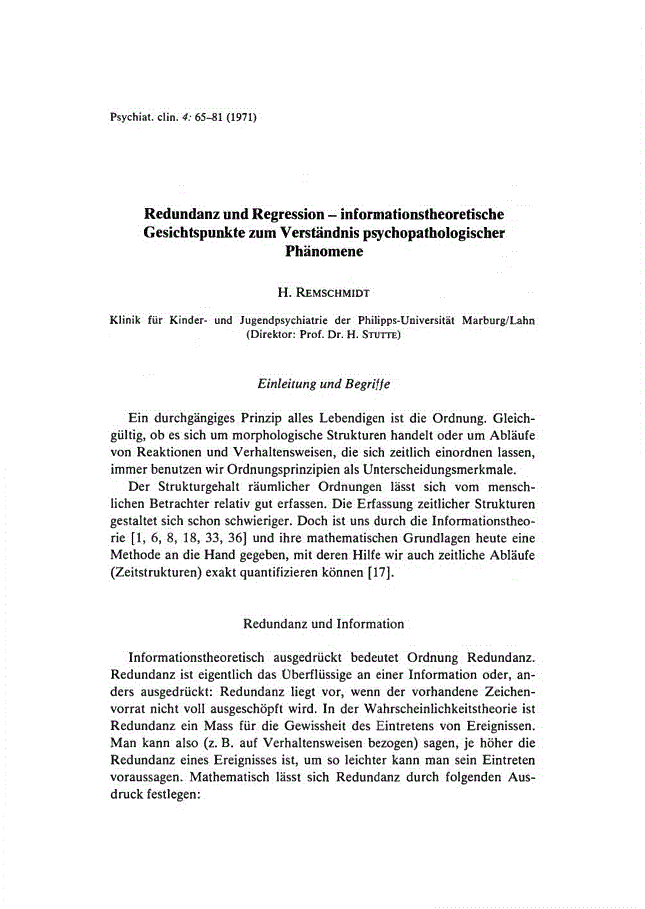 First page of Redundanz und Regression – informationstheoretische Gesichtspunkte zum Verständnis psychopathologischer Phänomene