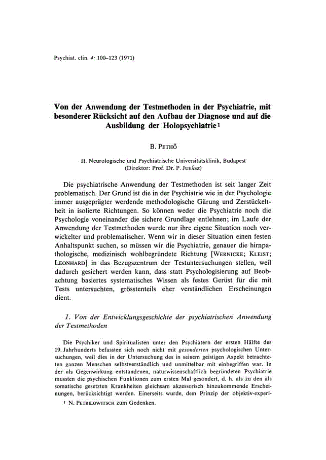 First page of Von der Anwendung der Testmethoden in der Psychiatrie, mit besonderer Rücksicht auf den Aufbau der Diagnose und auf die Ausbildung der Holopsychiatrie
