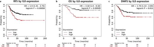 Aberrant IL-8 expression is associated with poor prognosis in TNBC patients. Analysis of recurrence-free survival (RFS, low, n = 283; high, n = 109) (a), overall survival (OS, low, n = 93; high, n = 60) (b), and distant metastasis-free survival (DMFS, low, n = 160; high, n = 146) (c) in relation to IL-8 expression levels, evaluated through the Kaplan-Meier plotter database for TNBC patients. Statistical significance determined via the log-rank test.