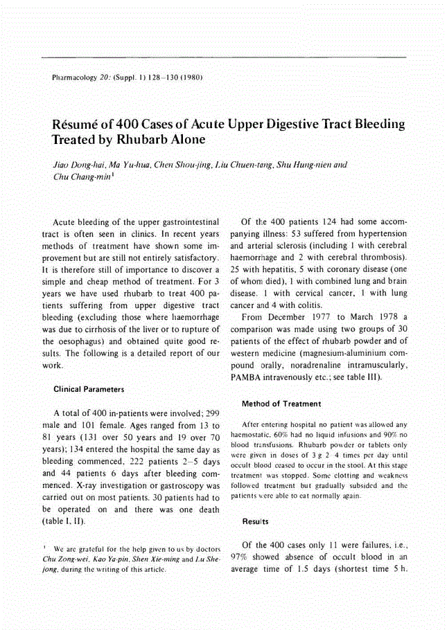First page of Résumé of 400 Cases of Acute Upper Digestive Tract Bleeding Treated by Rhubarb Alone