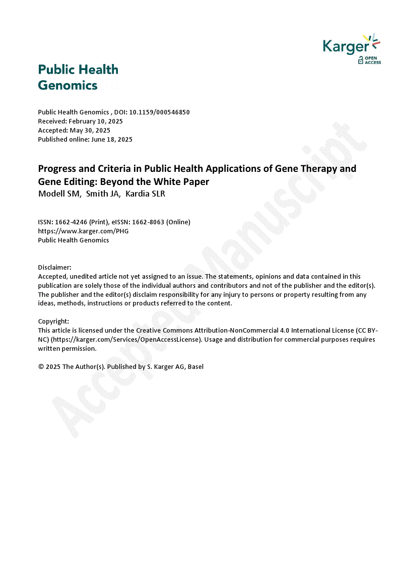 First page of Progress and Criteria in Public Health Applications of Gene Therapy and Gene Editing: Beyond the White Paper