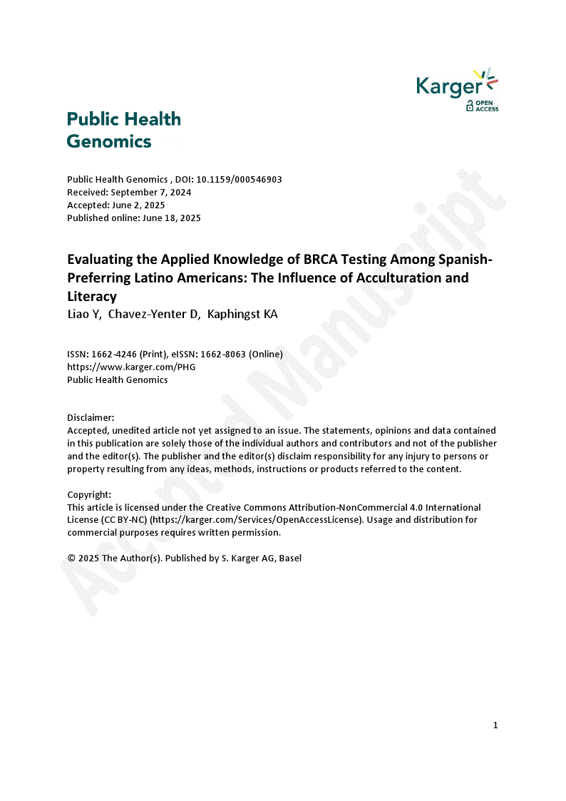 First page of Evaluating the Applied Knowledge of BRCA Testing Among Spanish-Preferring Latino Americans: The Influence of Acculturation and Literacy 