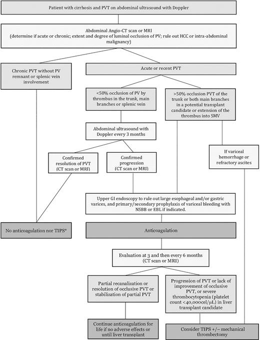Flowchart illustrating management of nontumoral PVT in cirrhosis. Adapted from Senzolo et al. [2].