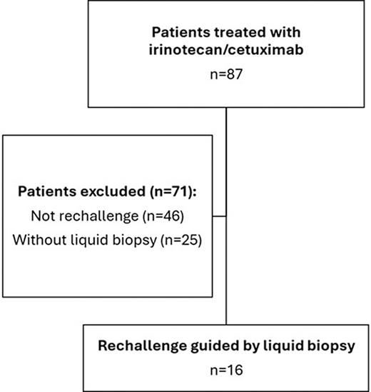 Flowchart of patient selection. Among 87 patients treated with irinotecan/cetuximab, only 16 underwent rechallenge guided by liquid biopsy. Forty-six patients did not meet the definition of rechallenge, and of the 41 who did, 25 failed to perform liquid biopsy within the predefined timeframes.