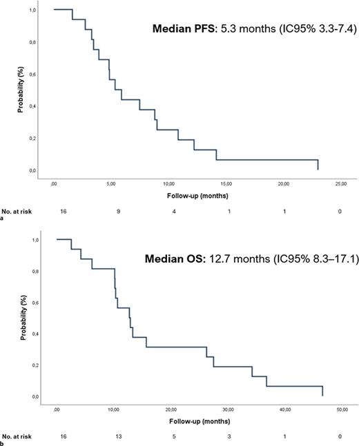 Kaplan-Meier curves for PFS (a) and OS (b) for anti-EGFR rechallenge of the overall population (n = 16).