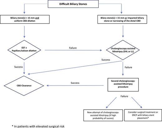 Proposed approach for the management of difficult biliary stones. CBD, common bile duct; EST, endoscopic sphincterotomy; EHL, electrohydraulic lithotripsy; LL, laser lithotripsy; ERCP, endoscopic retrograde cholangiopancreatography.