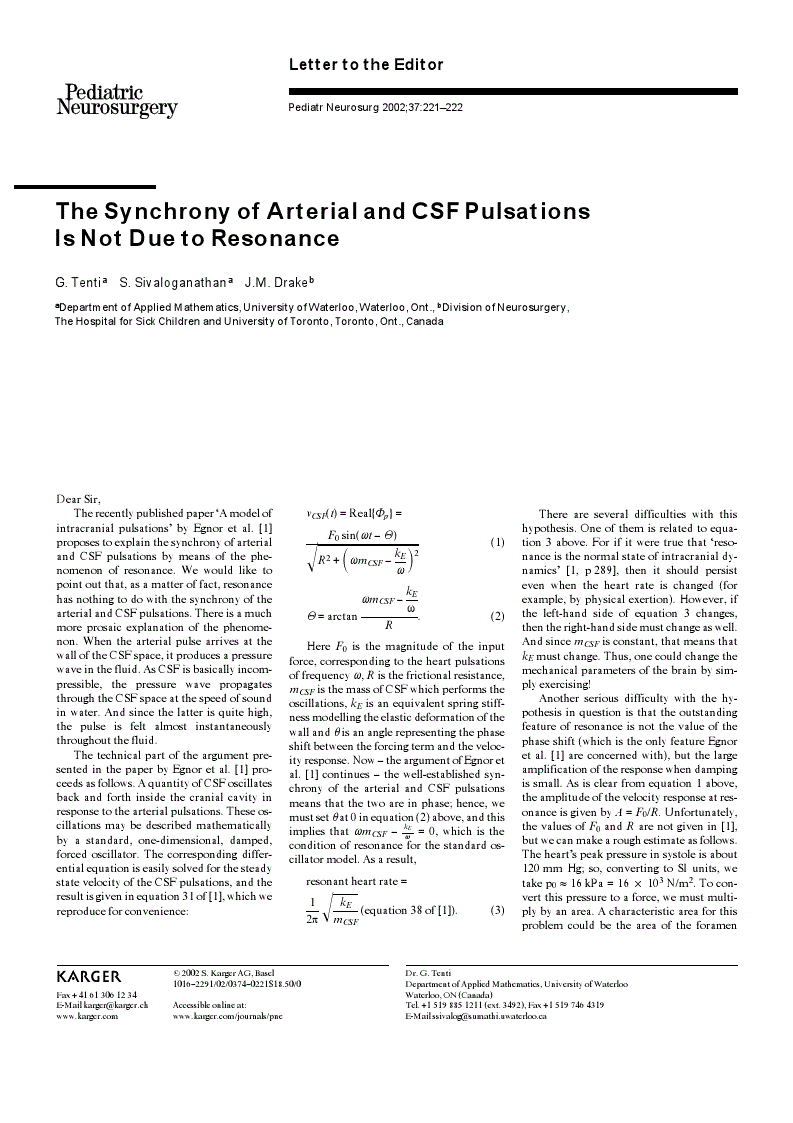 First page of The Synchrony of Arterial and CSF Pulsations Is Not Due to Resonance
