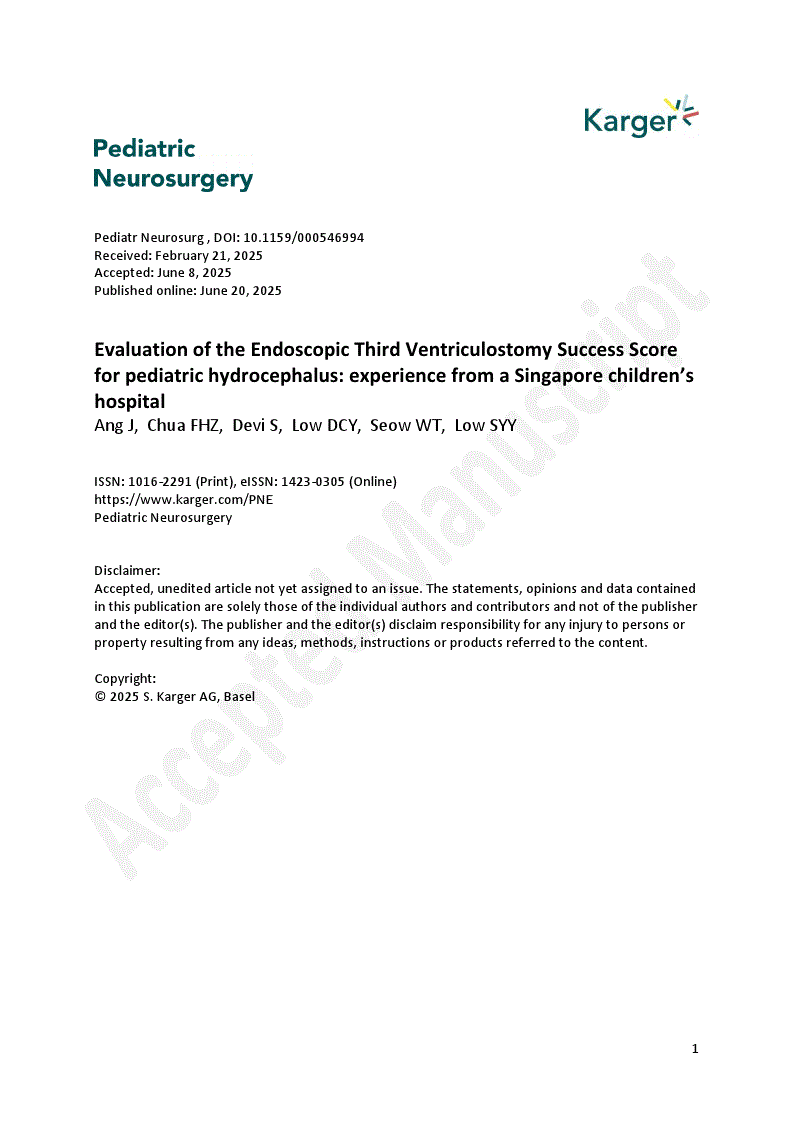 First page of Evaluation of the Endoscopic Third Ventriculostomy Success Score for pediatric hydrocephalus: experience from a Singapore children’s hospital