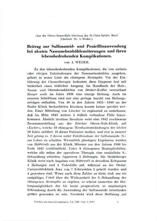 First page of Beitrag zur Sulfonamid- und Penicillinanwendung bei akuten Nasennebenhöhleneiterungen und ihren lebensbedrohenden Komplikationen