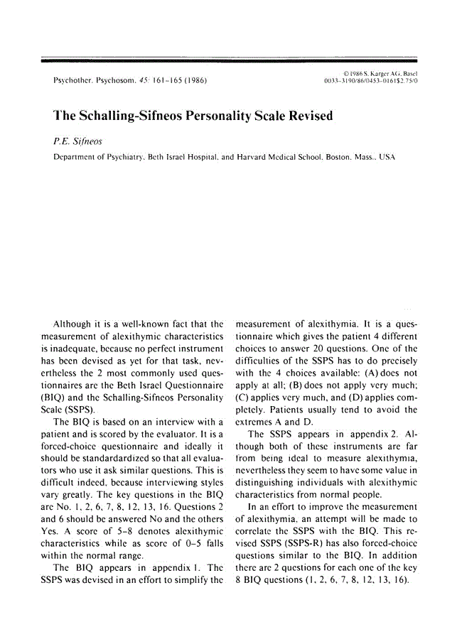 First page of The Schalling-Sifneos Personality Scale Revised