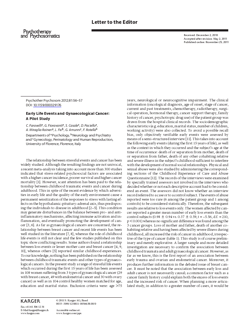 First page of Early Life Events and Gynaecological Cancer: A Pilot Study