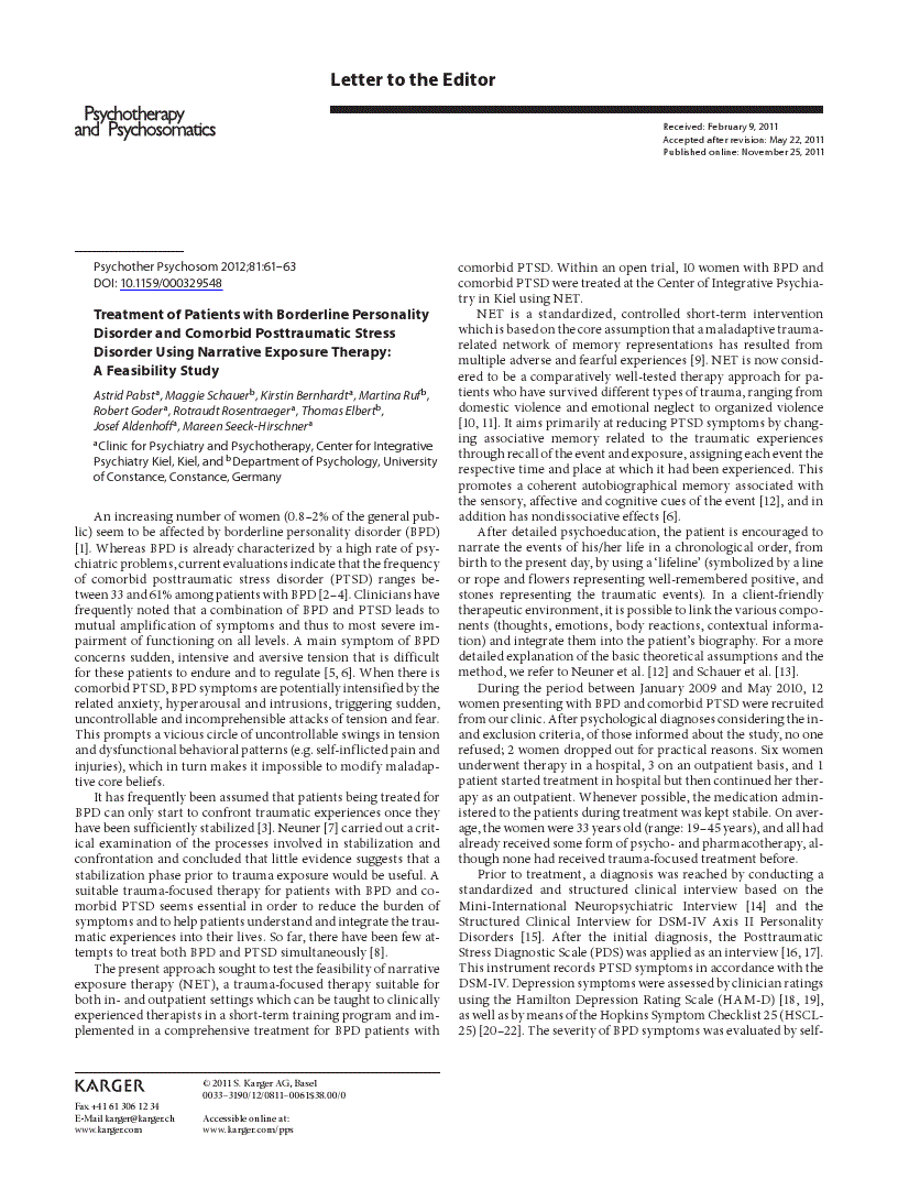 First page of Treatment of Patients with Borderline Personality Disorder and Comorbid Posttraumatic Stress Disorder Using Narrative Exposure Therapy: A Feasibility Study