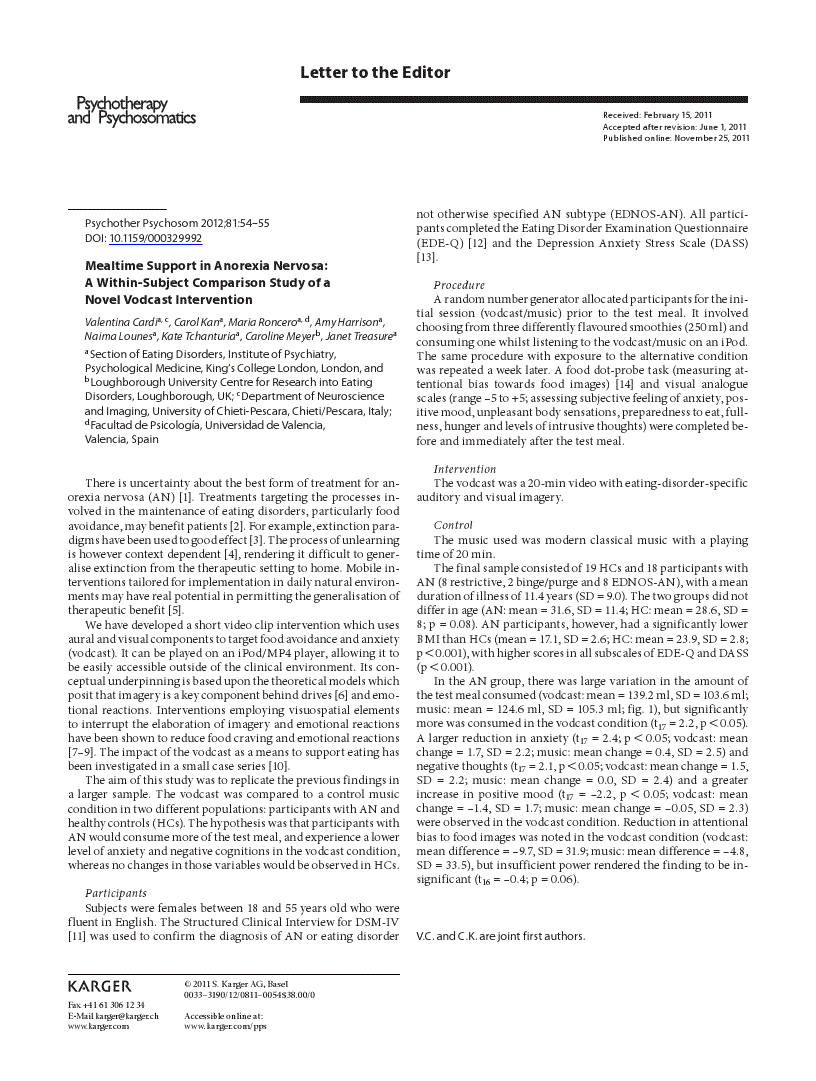First page of Mealtime Support in Anorexia Nervosa: A Within-Subject Comparison Study of a Novel Vodcast Intervention