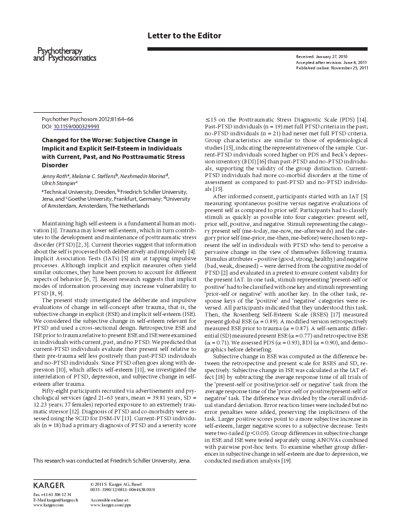 First page of Changed for the Worse: Subjective Change in Implicit and Explicit Self-Esteem in Individuals with Current, Past, and No Posttraumatic Stress Disorder