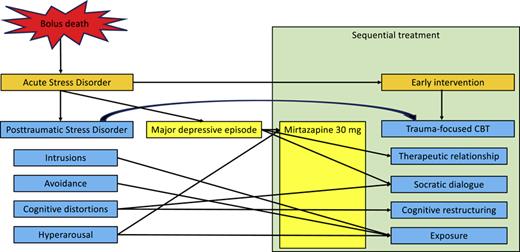 Sequential treatment for John’s acute stress disorder and posttraumatic stress disorder plus depression.