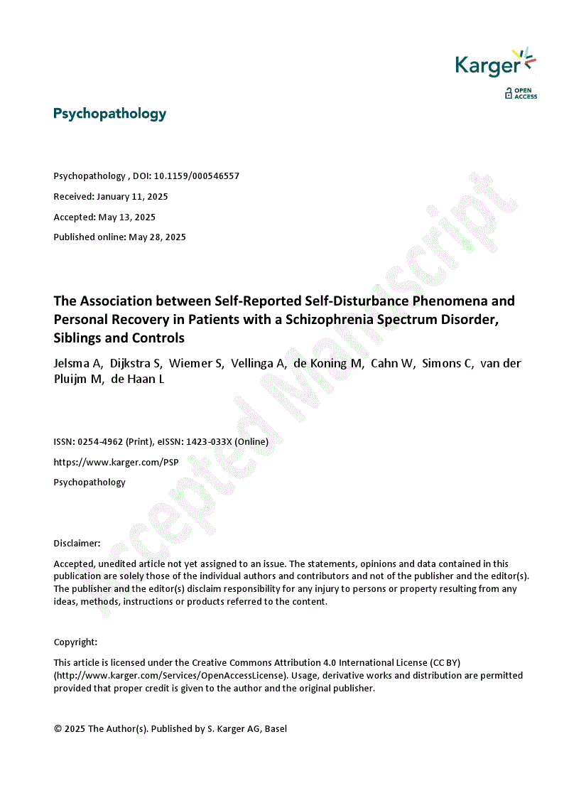 First page of The Association between Self-Reported Self-Disturbance Phenomena and Personal Recovery in Patients with a Schizophrenia Spectrum Disorder, Siblings and Controls
