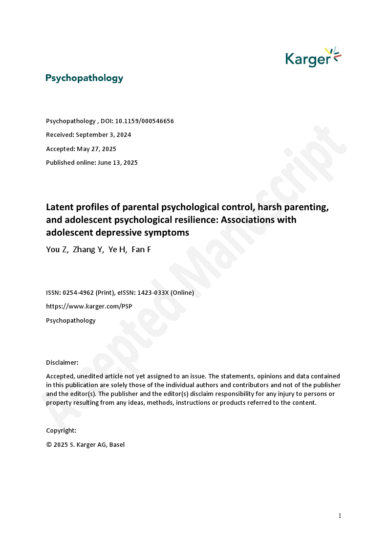 First page of Latent profiles of parental psychological control, harsh parenting, and adolescent psychological resilience: Associations with adolescent depressive symptoms