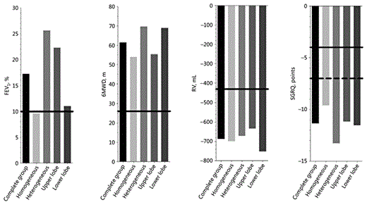 Fig. 2. Efficacy outcomes compared to baseline at the 1-year follow-up of the patients who attended the 1-year follow-up visit (n = 40). The data are presented as mean change from baseline to 1 year of follow-up for 5 different groups: complete group (n = 40), homogeneous distribution (n = 21), heterogeneous distribution (n = 19), upper lobe treatment (n = 22), and lower lobe treatment (n = 18). Horizontal bars represent the MCID value for each outcome. FEV1, forced expiratory volume in 1 s; 6MWD, 6-min walk distance; RV, residual volume; SGRQ, St. George's Respiratory Questionnaire.