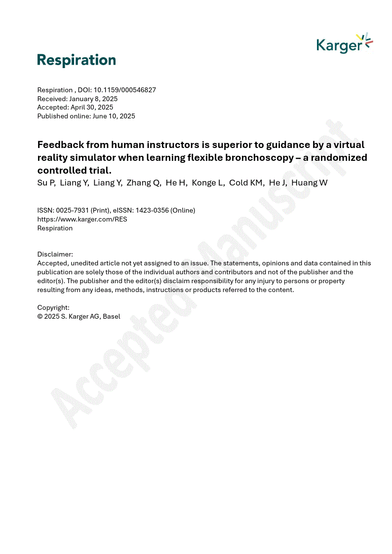 First page of Feedback from human instructors is superior to guidance by a virtual reality simulator when learning flexible bronchoscopy – a randomized controlled trial.