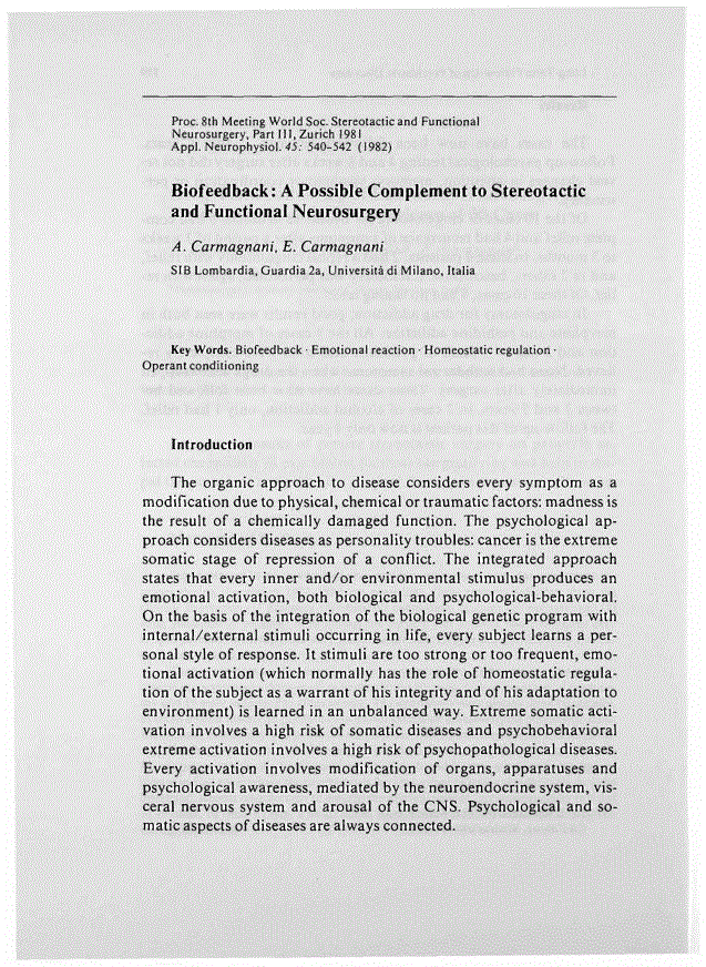 First page of Biofeedback: A Possible Complement to Stereotactic and Functional Neurosurgery