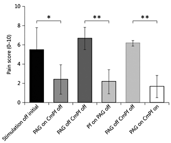 Fig. 2. Mean pain score reduction for different DBS sites. * p < 0.05, ** p < 0.01; SE displayed using error bars.