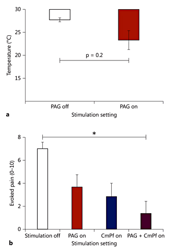 Fig. 4. Positive QST findings (timing between stimulation combinations as per figure I). a Change in cold pain threshold after a mean of 38 minutes (±14) of PAG stimulation. Two-tailed paired t test (p = 0.2). b Change in dynamic allodynia score (Numeric Rating Scale) for each stimulation combination. * p < 0.05.