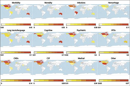 Fig. 6. The literature depicts global variations in the mortality and morbidity after anterior temporal lobectomy for temporal lobe intractable epilepsy. These differences might be confounded by the local registration systems, cross-cultural variations, and patient follow-up. VFDs, visual field defects; CNDs, cranial nerve deficits; CSF, cerebrospinal fluid.