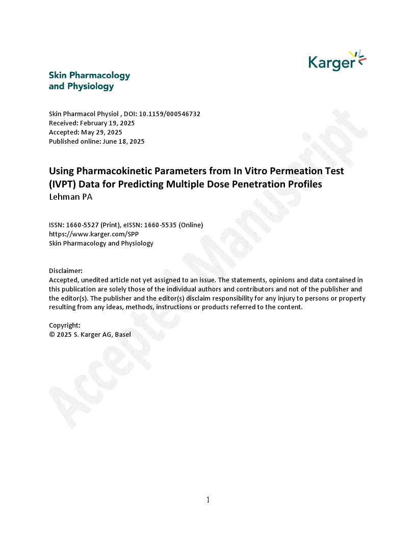 First page of Using Pharmacokinetic Parameters from In Vitro Permeation Test (IVPT) Data for Predicting Multiple Dose Penetration Profiles