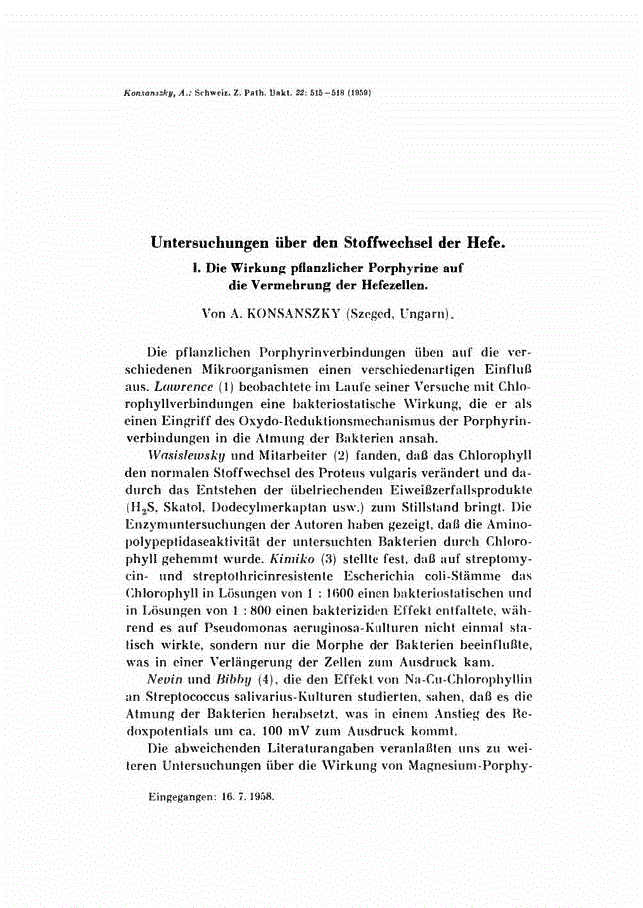 First page of Untersuchungen über den Stoffwechsel der Hefe I. Die Wirkung pflanzlicher Porphyrine auf die Vermehrung der Hefezellen<subtitle>I. Die Wirkung pflanzlicher Porphyrine auf die Vermehrung der Hefezellen</subtitle>