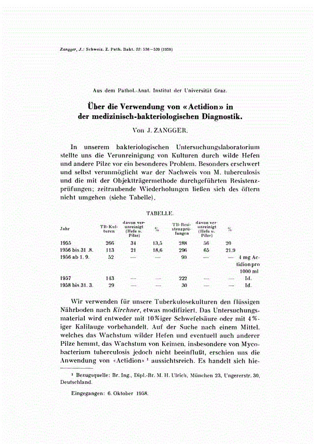 First page of Über die Verwendung von «Actidion» in der medizinisch-bakteriologischen Diagnostik